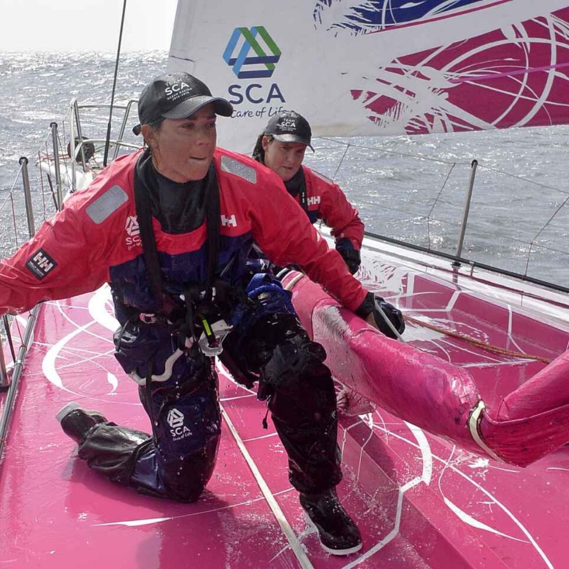 SPT athlete sara hastreiter on the bow of SCA in the Volvo Ocean Race